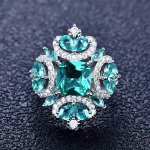 Cincin Berlian Hijau, Cincin Berlian Hijau Penuh Berlian Warna Perhiasan Harta Karun S925 Perhiasan Warna Perak untuk Wanita