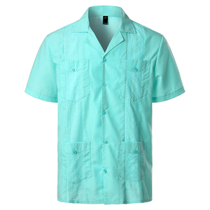 Chemise Guayabera à manches courtes en coton/fibre de bambou 300g, brodée de fleurs, taille plus, style traditionnel, 4 poches, chemise de plage - Product Image 1