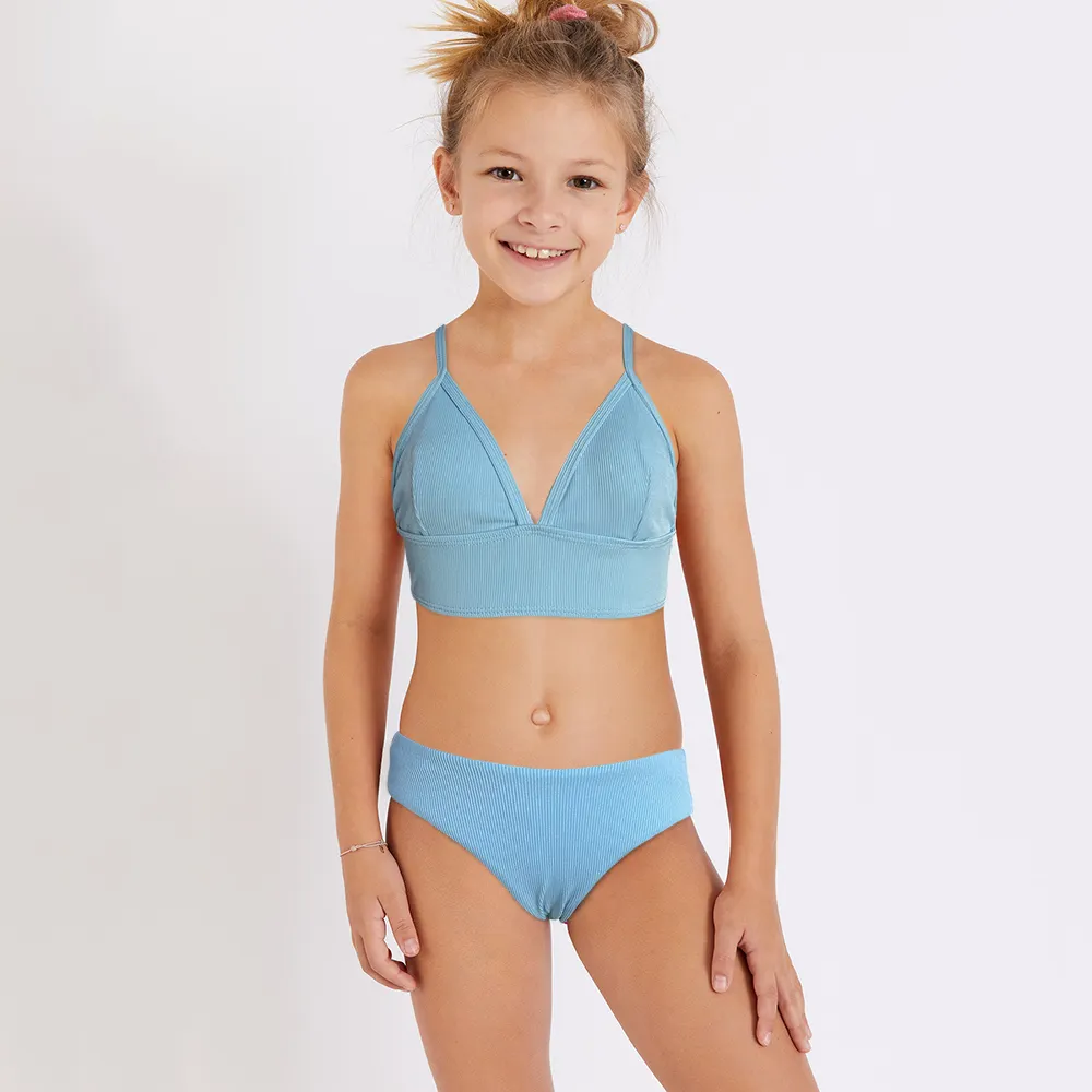 Hot Sale Classical Kids Bikini Halter Lace Up Children Swimwear Removable Pad Solid Girl Bikini