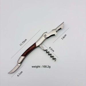 Stainless Steel Wine Opener 11.15cm Wooden Handle 4 In 1 Corkscrew Tool Flat Wing Design Classical Style - Product Image 1