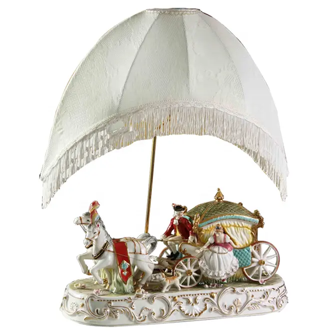 Antique Italain Fine Porcelain Figurines with Table lamp Exquisite Ceramic Capodimonte Horse Carriage