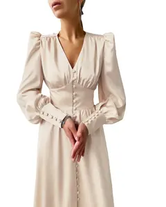 Bayan vintage bir çizgi ipeksi saten yumuşak uzun elbise V boyun uzun kabarık kollu kapak düğmeleri placket zarif bayan elbise