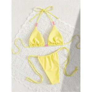 FOXA Women's 2 Piece <b>Bikini</b> <b>Set</b> Beaded Thong <b>Triangle</b> Halter High Cut Swimsuit Stretch Bathing Suit - Product Image 3