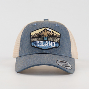 Casquette en maille autocollante de marque OEM <span class=keywords><strong>Islande</strong></span> Écusson de broderie 5 panneaux, casquette de camionneur ajustable structurée à la mode unisexe en denim personnalisée - Product Image 2