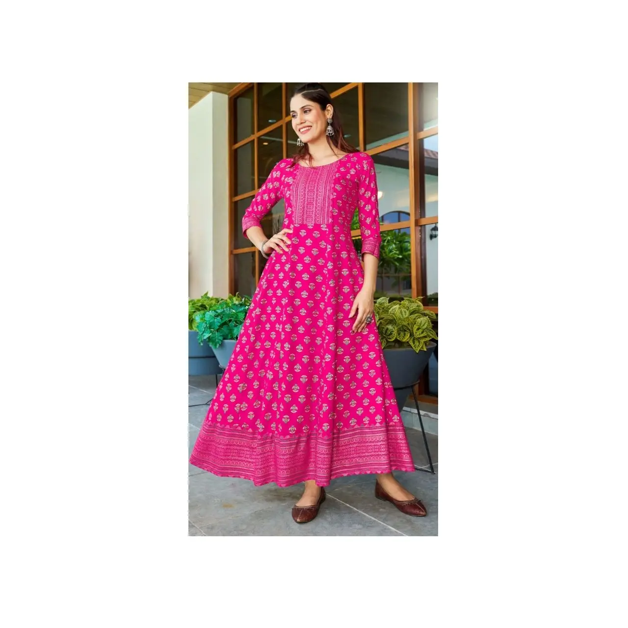 Elegante abbigliamento etnico Rayon stampato Festival indossare abito alla caviglia stile Anarkali stampato floreale kurti dall'india