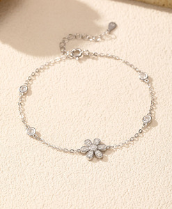 S925 Silver Flower <b>Bracelet</b> With Round Crystal Rhinestones Bezel Set Chain Link Women's <b>Cute</b> Everyday Wear Jewelry - Product Image 5