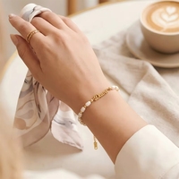 Pulsera de Perlas Personalizada con Nombre, Chapada en Oro de 18K, Acero Inoxidable Antideslustre, Pulsera con Nombre de Perla de Agua Dulce, Joyería OEM