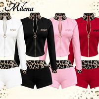 Ensemble sportif pour femme Milena, veste et short à imprimé léopard, patchwork, fermeture éclair, col montant, style streetwear, logo personnalisé