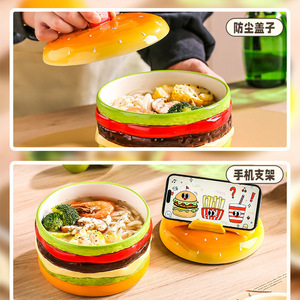 Trendy and visually appealing hamburger/instant noodle bowl, food-grade, high-temperature resistant, dustproof phone holder - Product Image 2