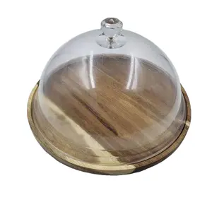 Elegantie Acacia Houten Cake Stand Met Dome Plastic Deksel Cake Tray Set Voor Cake Shop Keuken Geschenken