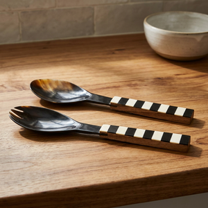 Cuillère à salade unique en bois et corne de bœuf vintage, matériau écologique, vaisselle durable, compatible lave-vaisselle, pour fêtes - Product Image 2