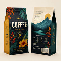 Sachet à fond plat à huit soudures pour grains de café, poudre de café, poudre protéinée, avec logo personnalisé imprimé, fermeture éclair et valve, 250g 500g 12oz