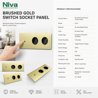 Prise murale standard européenne Niva Schuko avec 2 prises, interrupteur à bascule, panneau en acier inoxydable, 16A 250V, solution électrique domestique