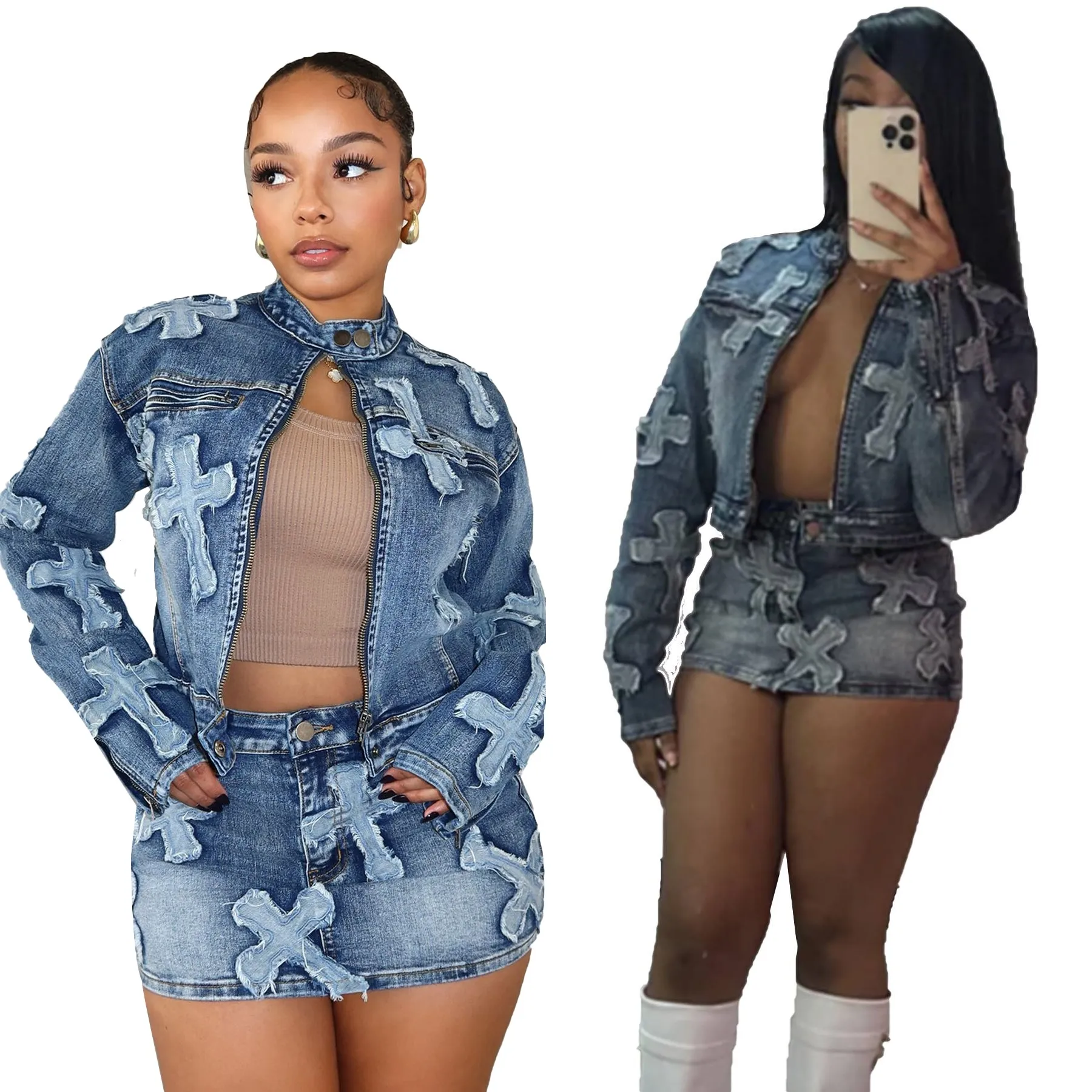 Wholesale long sleeve denim crop top jacket 2 piece sets embroidered two piece short jean skirts set women