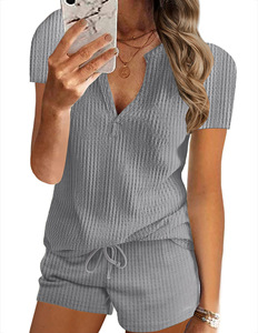 Conjunto de Top y Shorts para Mujer, Cuello en V, Manga Corta, Estilo Casual de Verano, Ropa Urbana, Marca Privada Personalizada - Product Image 6