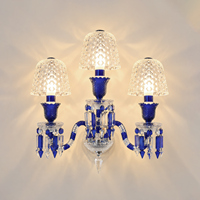 Applique murale à 3 têtes en verre cristal facetté bleu cobalt, style luxe léger français, applique vintage pour villa, chambre, couloir, hôtel