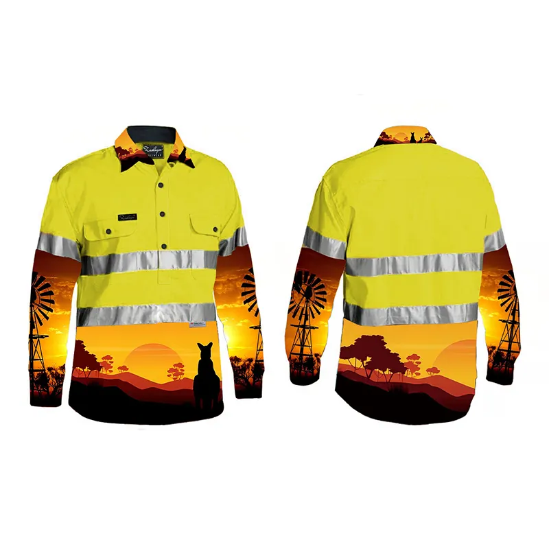 Custom Pattern Fashion Reflective Safety Hi Vis Long Sleeves Cotton Drill 3M Reflective Stripes Work Out Shirts Men