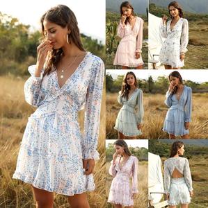 <span class=keywords><strong>Robe</strong></span> décontractée à manches longues et col en V, style bohème, pour femmes, été, <span class=keywords><strong>robe</strong></span> courte à fleurs, <span class=keywords><strong>robe</strong></span> bohème sexy pour femmes - Product Image 2