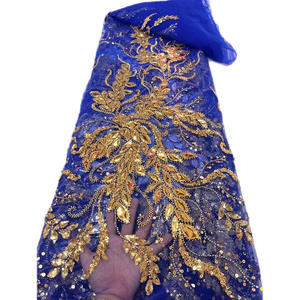 Tela de encaje bordado con lentejuelas de 125CM de ancho con tubos metálicos, cuentas de perlas y película dorada para Material de vestido de moda - Product Image 2