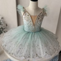 Gaun Tutu Balet Hijau Mint untuk Anak, Berhias Renda & Payet dengan Lengan Tulle Mengembang, Tutu Pancake Profesional untuk Anak Perempuan