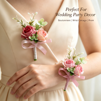 Boutonniere Mawar Artificial Real Touch dengan Daun Campuran yang Terlihat Segar, Kit Corsage Ikat Tangan untuk Pengantin Pria, Pendamping Pengantin, Upacara Pernikahan