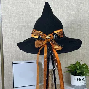 Chapéu de bruxa de Halloween com franjas de laço de abóbora acessório para festas cosplay lenha de malha aba dobrável lenço de seda pontiagudo chapéu de bruxa