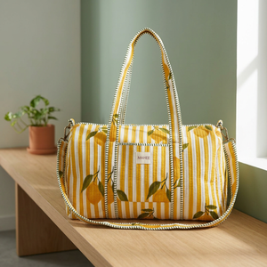 Bolsa de Lona Deportiva de Lujo de Algodón, Duradera, Ligera, con Estampado de Limones y Rayas Amarillas, Gran Capacidad, Cierre de Cremallera, para Viajes de Fin de Semana - Product Image 1