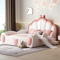 Lit princesse moderne pour enfants avec toboggan, style château de rêve, cadre en bois massif, cuir véritable, arc rose, garde-corps, modèle 017, fabriqué en Chine