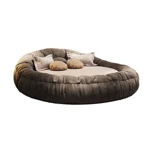 Frosted Technology Velvet Italian Villa Bed Bedroom Furniture Double Couple Modern Fabric Round Bed