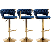 Ensemble de 3 tabourets de bar élégants en velours bleu, tabourets de bar à hauteur de comptoir avec dossier bas et pivotants en or pour îlot de cuisine