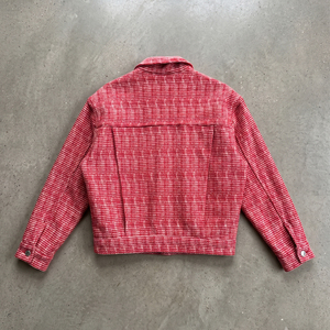 Trendy Custom Red <strong>White</strong> Plaid Textured Tweed <strong>Boucle</strong> Button up Drop Boxy Fit Retro Streetwear Men's Outerwear Trucker <strong>Jacket</strong> - Product Image 2