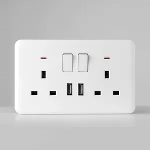 BS Standard ABS Wall Electrical Power Socket with Indicator 2 Gang Switch + Double 13A +2USB