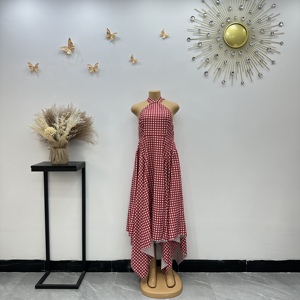 Abito lungo da donna africano con stampa a quadri Gingham, scollo all'americana, senza maniche, orlo asimmetrico, estivo, casual - Product Image 4