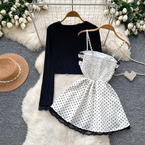 Ensemble 2 pièces à pois pour femme, <span class=keywords><strong>cardigan</strong></span> à manches longues et robe camisole avec dentelle, tenue superposée pour le quotidien et les trajets - Product Image 3