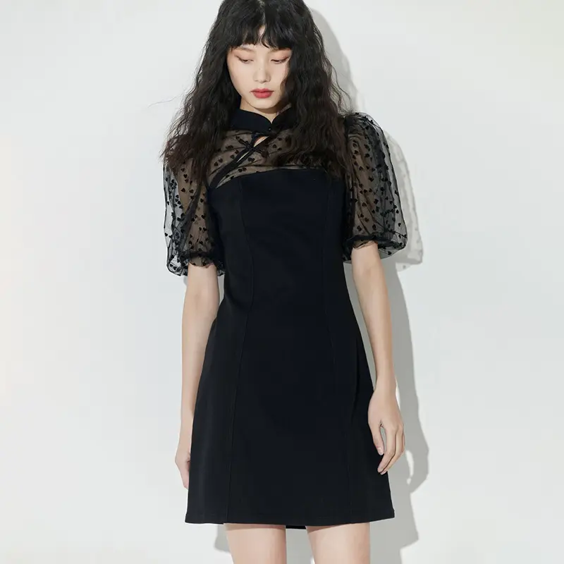2023 summer new style puff sleeve short dress Chinese style cheongsam lace black sexy women's clothing