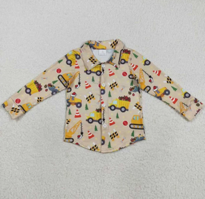 Pijama navideño de camión para niños pequeños, camisa con botones y cuello redondo, pantalones deportivos rojos, conjunto para niños - Product Image 2