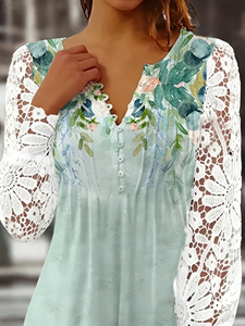 Chemisier plissé pour femme, printemps-automne, avec dentelle, manches longues, col en V cranté, boutonnage frontal, style tunique, pour usage quotidien décontracté - Product Image 6