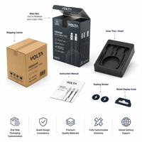 Boîte d'emballage trio de câbles de données VOLTA Premium, carton pliable imprimé sur mesure pour câble de charge 3-en-1, boîte en papier écologique