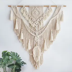 <span class=keywords><strong>Macrame</strong></span> Muur Opknoping Boho Chic Geweven Tapijt-Crème Beige Bohemian Kwastje Art Katoenen Touw Geweven Grote Muur Decor Gordijn - Product Image 2