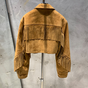 Chaquetas de Estilo Americano Color Borgoña 2025, Chaqueta Corta de Cuero Genuino con <span class=keywords><strong>Flecos</strong></span> para Mujer - Product Image 2