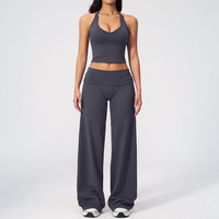 Ensemble de yoga 2 pièces pour femme, haut ajusté à col halter et dos nu et pantalon large à taille repliable