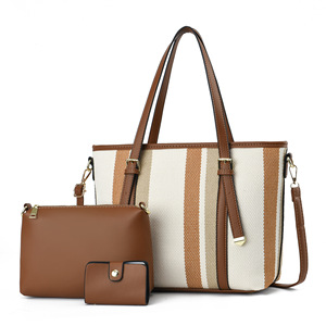 กระเป๋าถือลายทางผู้หญิงใบใหญ่  กระเป๋าสะพายไหล่ทรงสวยเรียบง่าย  ชุดกระเป๋าสามชิ้นสำหรับเดินทาง  จุของได้เยอะ - Product Image 1