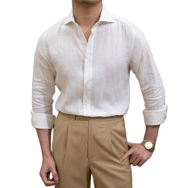 Men's 100% Linen Shirt Summer Beach Wedding Windsor Button up Long Sleeve Breathable Poplin ODM OEM Wholesale
