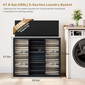 180L lớn giặt <span class=keywords><strong>Hamper</strong></span> 3 phần với nắp túi có thể tháo rời tùy chỉnh đóng mở gấp quần áo bẩn giặt giỏ tổ chức - Product Image 2
