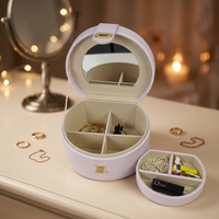 Boîte à bijoux cylindrique portable en cuir PU moderne faite à la main LG7324 avec miroir et intérieur en velours pour bagues, colliers et boucles d'oreilles