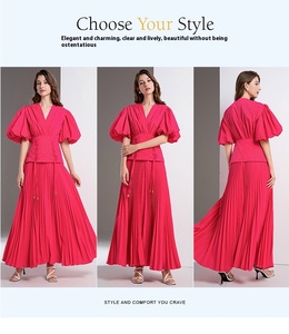 Estivo <span class=keywords><strong>elegante</strong></span> <span class=keywords><strong>tunica</strong></span> con scollo a V sottile per abito Midi plissettato a fascia per <span class=keywords><strong>donna</strong></span> Casual manica a lanterna stile impero abito in pizzo sostenibile - Product Image 3