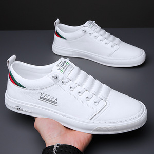 Y3OPA Zapatillas de deporte de cuero blancas para hombre, punta redonda, suela de goma transpirable, zapatos informales con cordones para caminar - Product Image 2