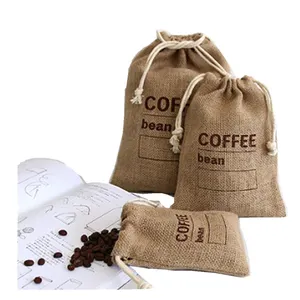 Custom logo printed christmas gift drawstring jute gunny pouch 100% natural burlap jute shopping bags brown coffee jute bags