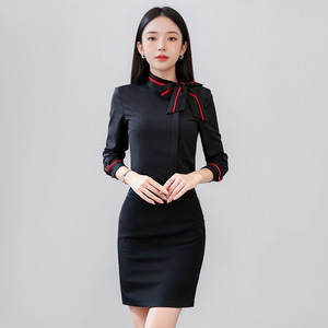 Black Pencil Dress With Red Trim Bow Neckline Long Sleeve Professional Career Dress For Women - Product Image 1