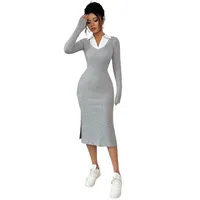 Robe en maille à col chemise à manches longues pour femme, coupe ajustée, gris uni, printemps-été, Socialite ODM